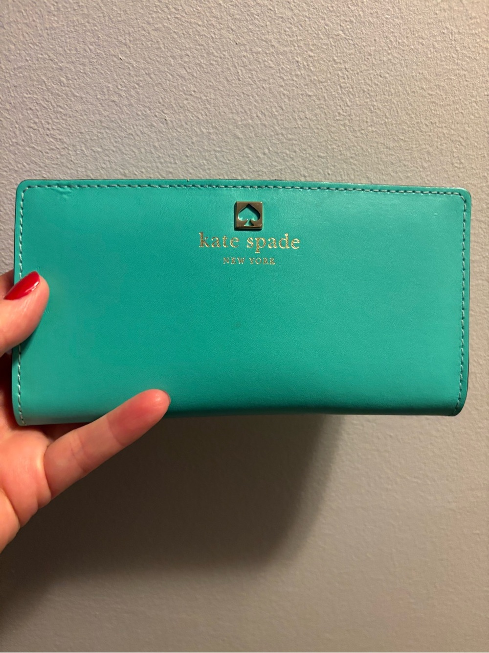 kate spade turquoise leather continental wallet with gold logo